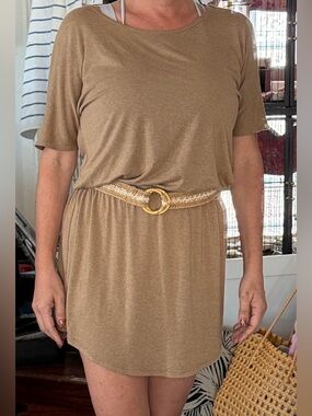 Fighting Eel Short Sleeve Womens Beige T-Shirt Dress  Size: M